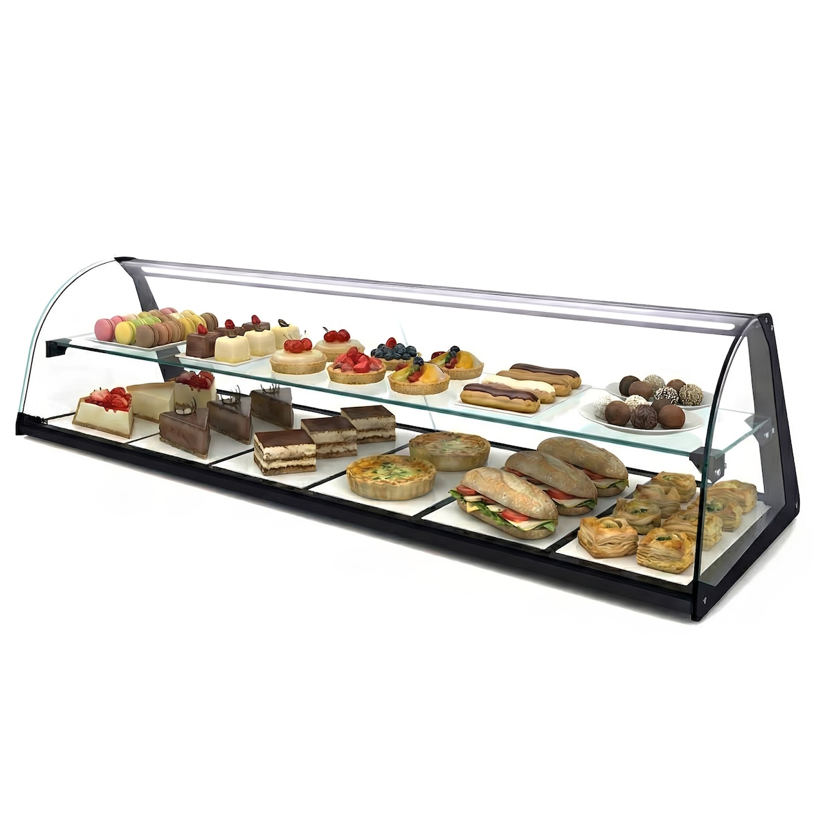 MBH - Vetrina espositiva neutra professionale Snack 120 cm 1 ripiani vetri curvi. Espositore neutro con LED porta brioches per bar e pasticceria.