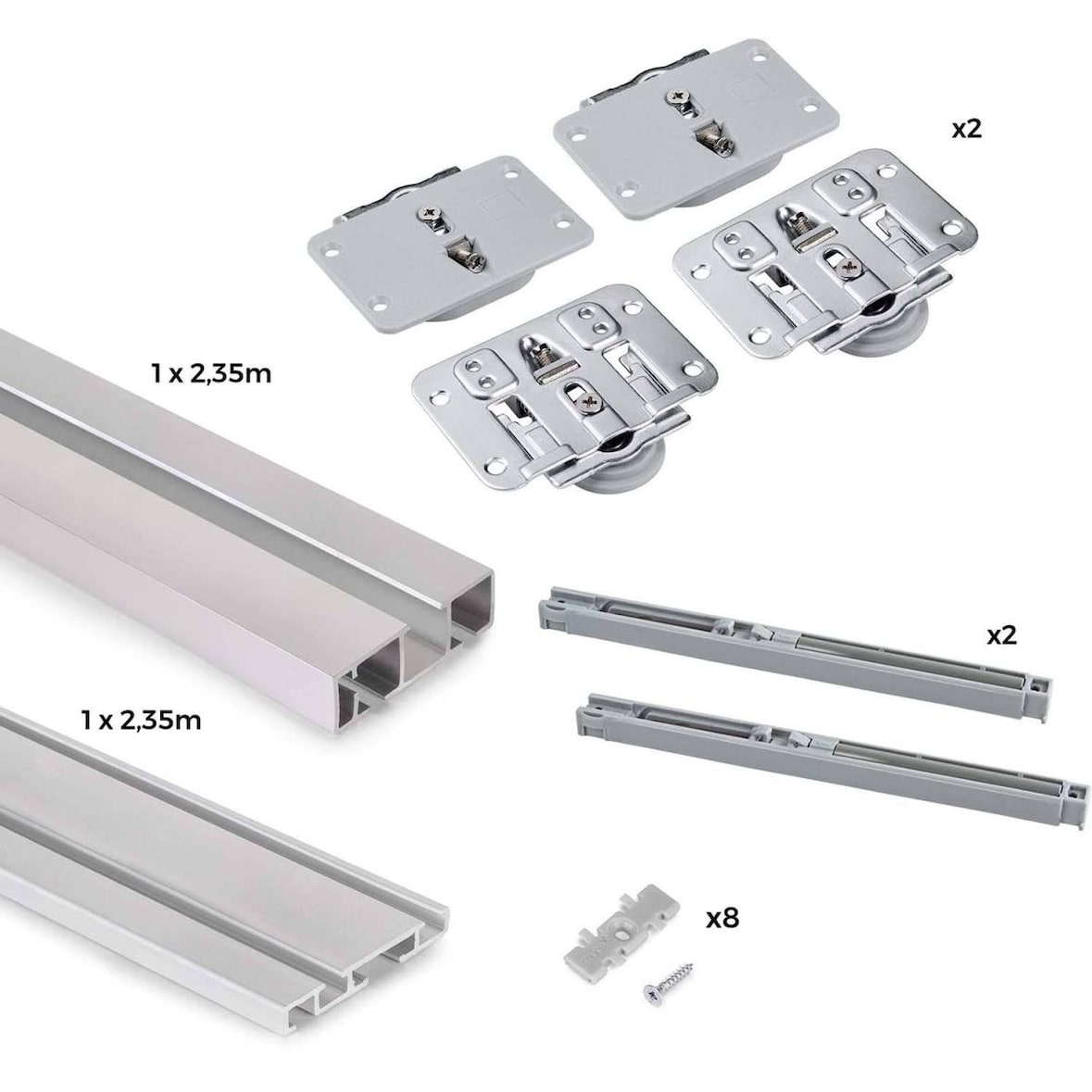 Système de montage en surface Flow en kit pour une armoire avec 2 portes coulissantes en bois avec fermeture souple. Emuca