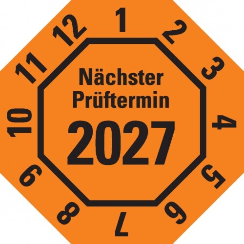 Dreifke® Prüfplakette Nä.Prüftermin 2027,8-eckig,orange,Dokufolie,30x30mm,18 St/Bogen