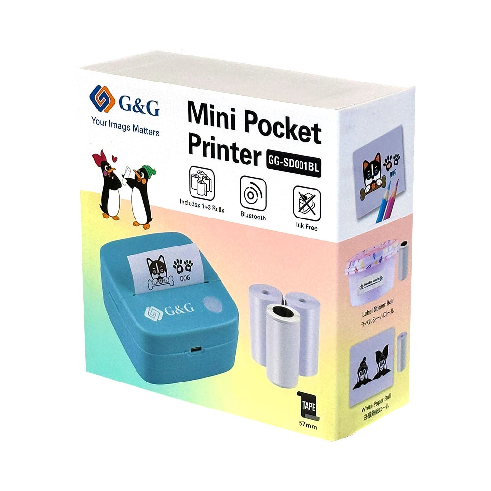 G&G Mini Printer SD001BL lichtblauw - inclusief 4 rollen - print zonder inkt op thermisch papier