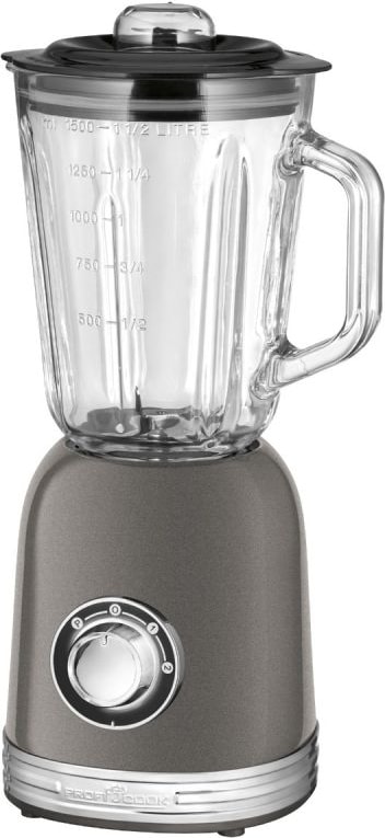 Um liquidificador cinza com um frasco de vidro.