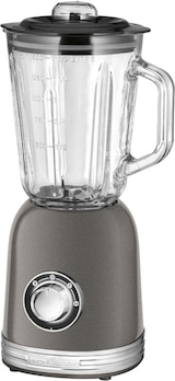 Um liquidificador cinza com um frasco de vidro.