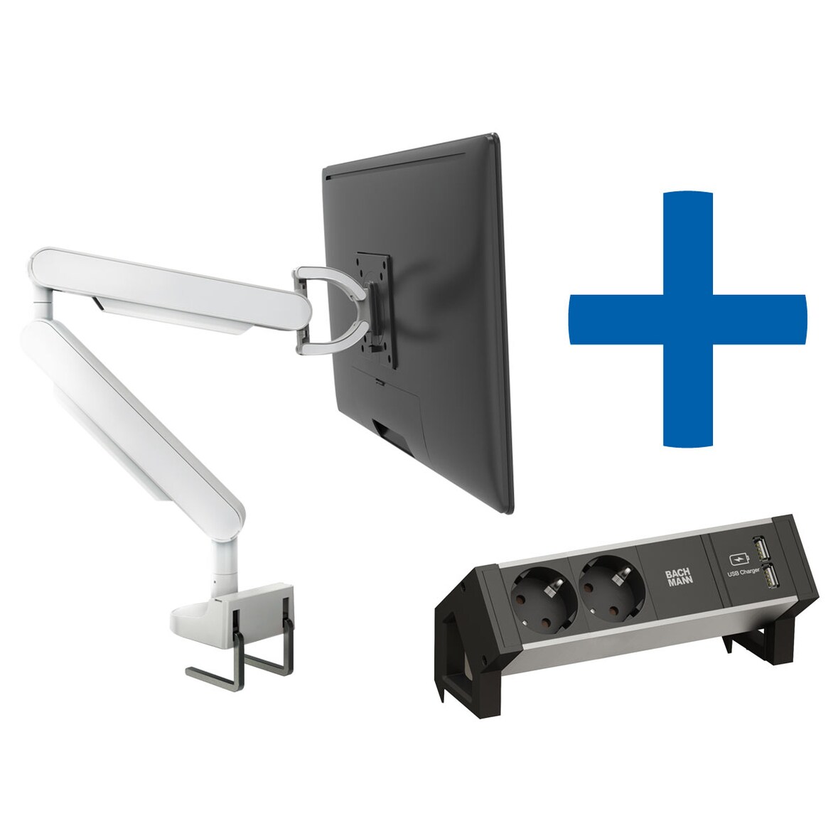 Bachmann ZG1 Monitorhalterung weiß + Desk 2 Alu BLACK Anschlussfeld