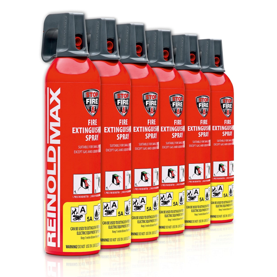 XENOTEC Premium Feuerlöschspray – 6er Set - 750ml – Stopfire – Autofeuerlöscher – REINOLDMAX – wiederverwendbar – geeignet für Fettbrände – 6 x 750g