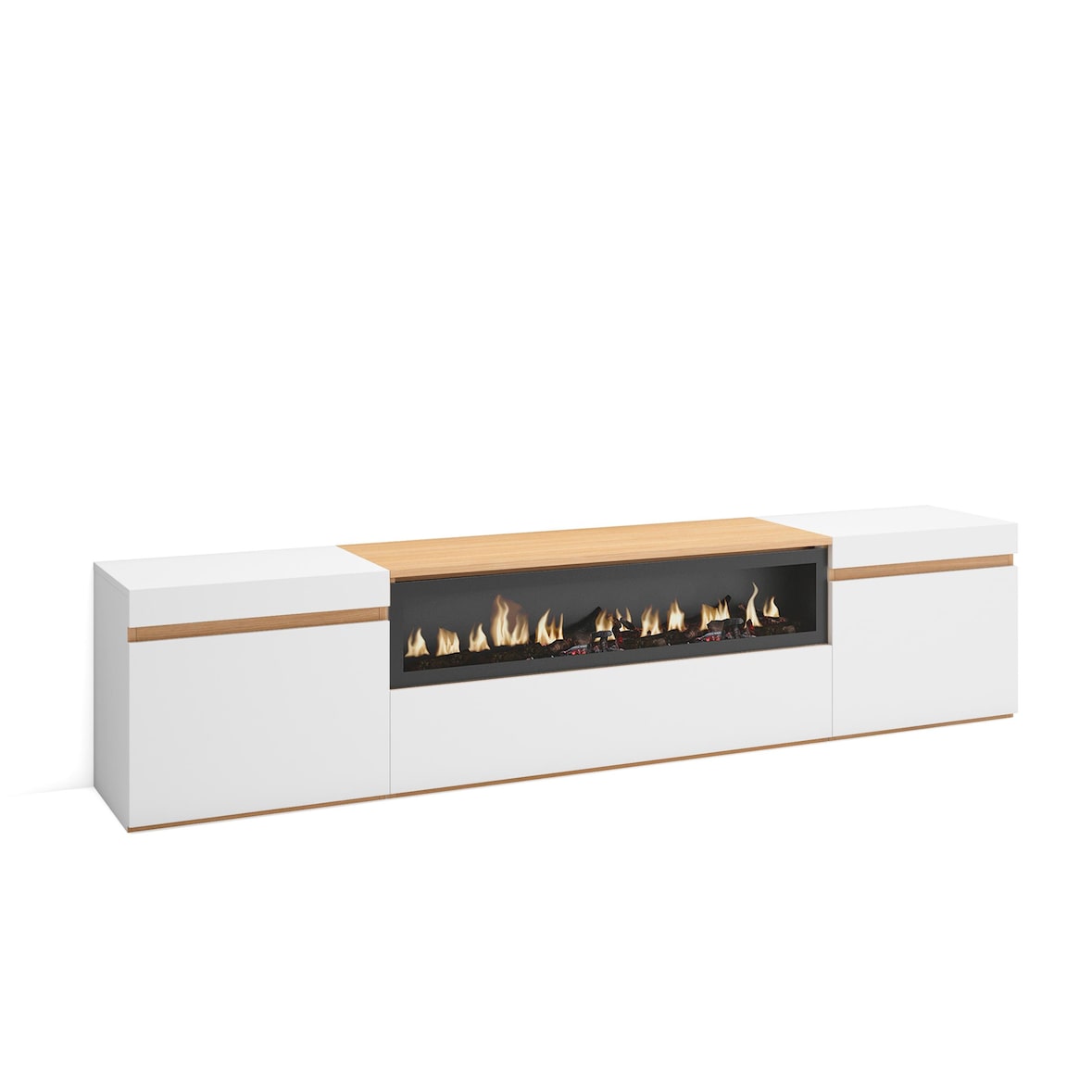 Móvel de TV, 200x45x35cm, Para televisores até 80", Lareira eléctrica, Branco e Carvalho soft