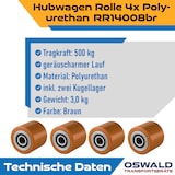 thumbnail of 4 Stück Hubwagenrollen Polyurethan 80 x 70 mm, Achse 20 mm inkl Kugellager braun - Ersatzrollen