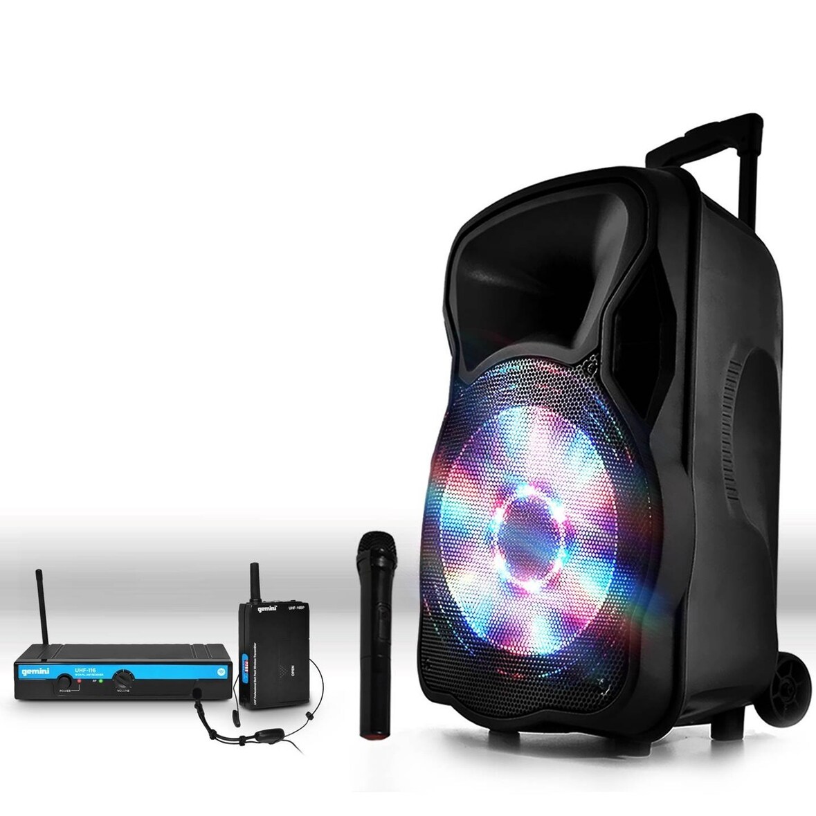 Enceinte sono mobile 800W 15" LED/USB/BT/SD/FM + Micros sans-fil/serre-tête PARTY15