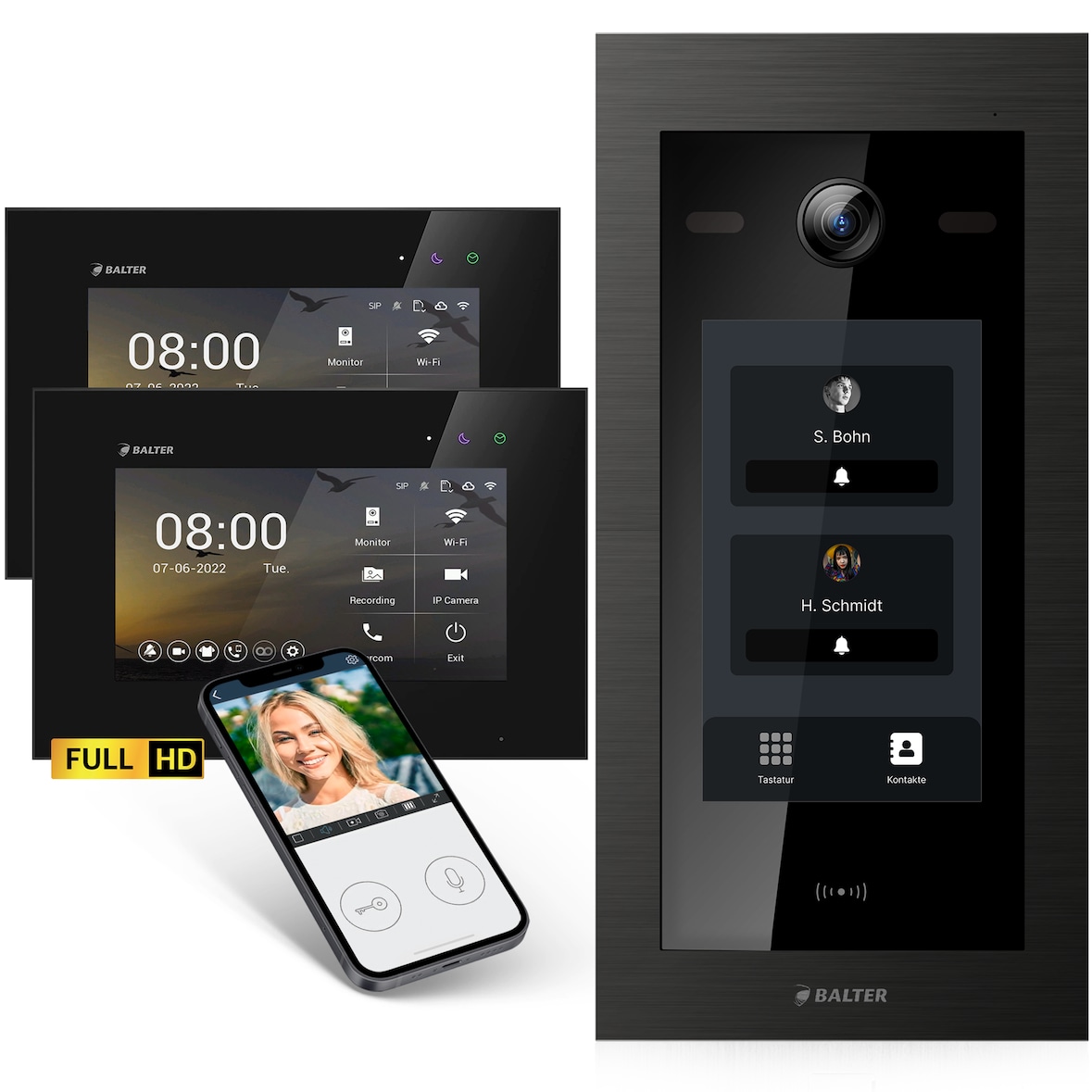 HD Video Türsprechanlage mit Touchscreen und RFID für 2 Familienhaus, 2x Monitore, Balter EVO HD Touch Schwarz