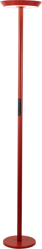 Ein roter Stehleuchte mit einem runden Sockel.