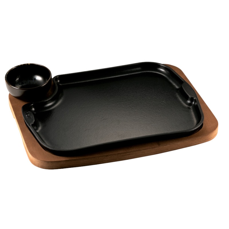 ILSA Plato de servir gourmet de hierro fundido con cuenco y bandeja de madera 32x24 cm