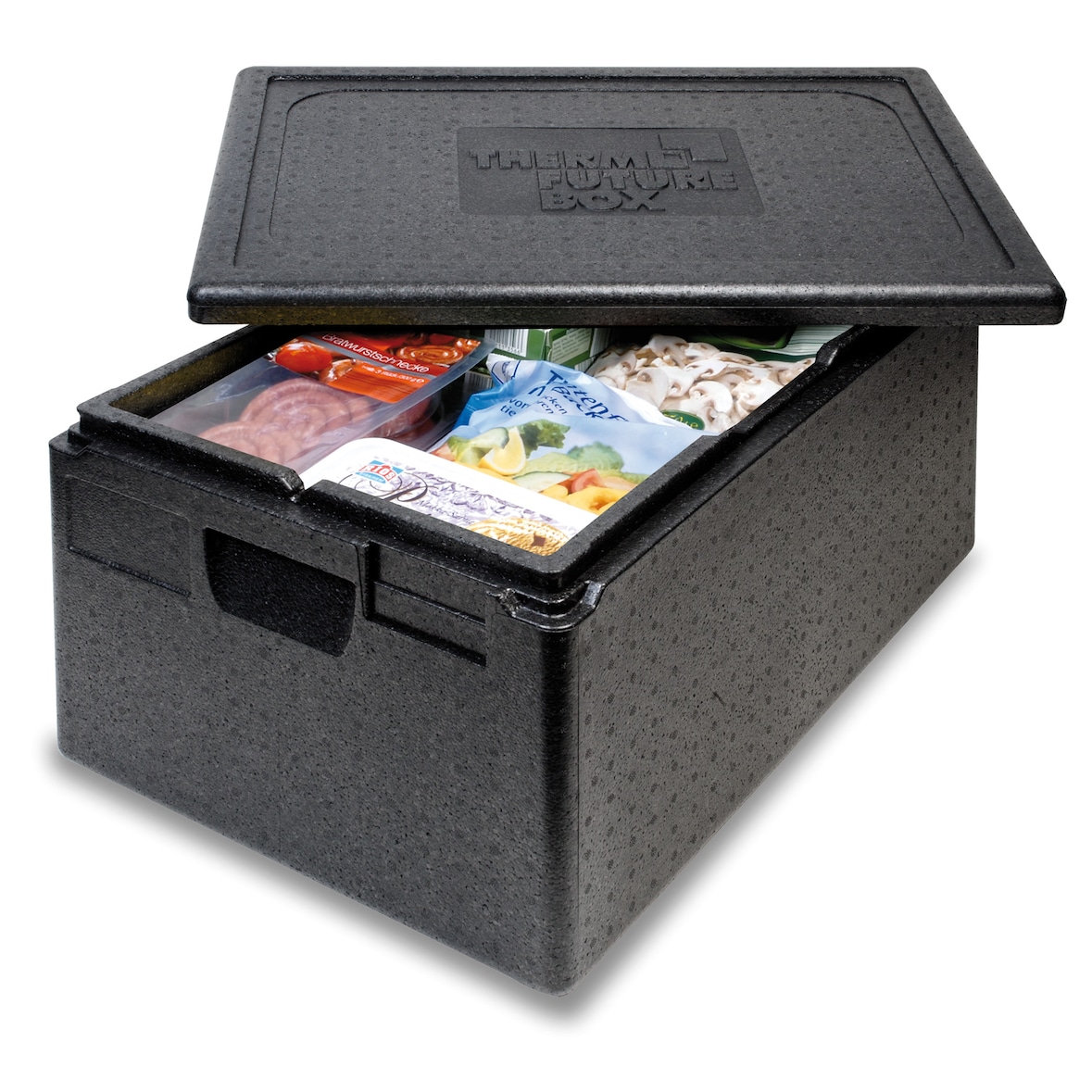 Conteneur isotherme 46L polypropylène noir  EPP/PPE adapté au bac GN1/1 - Ouverture par le dessus - T°C de -40°C à +100°C.