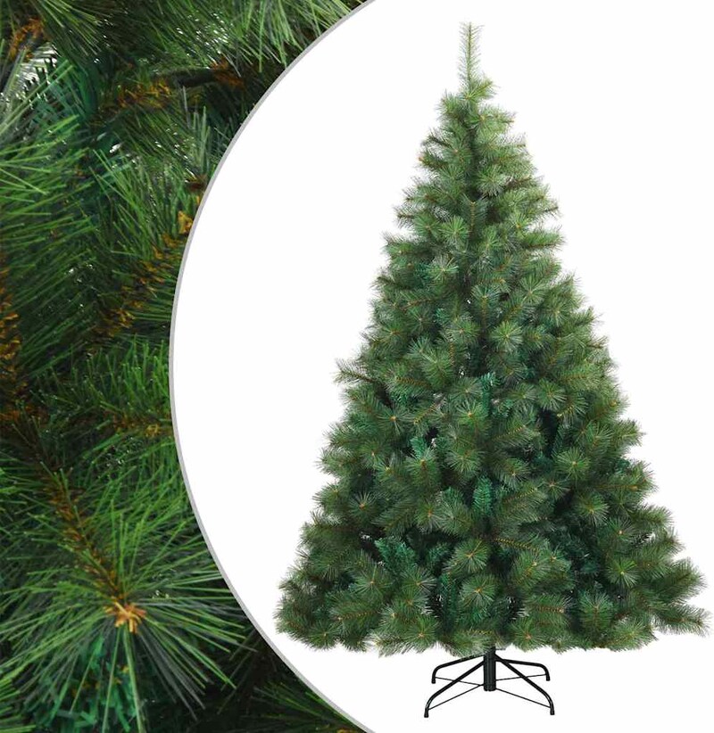 Ein grüner künstlicher Weihnachtsbaum mit Ständer.