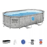 thumbnail of Piscina elevada con ojo de buey 4,27x25 x10m Efecto Piedra Gris - Piscina tubular ovalada + Escalera, Bomba + Cubierta 4 estaciones Bestway