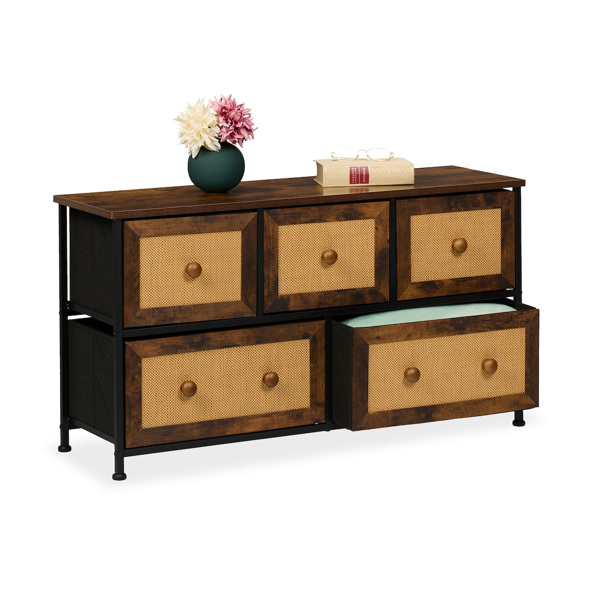 Relaxdays Kommode, 5 Schubladen, Rattanoptik, Flur, Schlafzimmer, HBT 54,5x100x32,5 cm, Sideboard, Metall, braun/schwarz