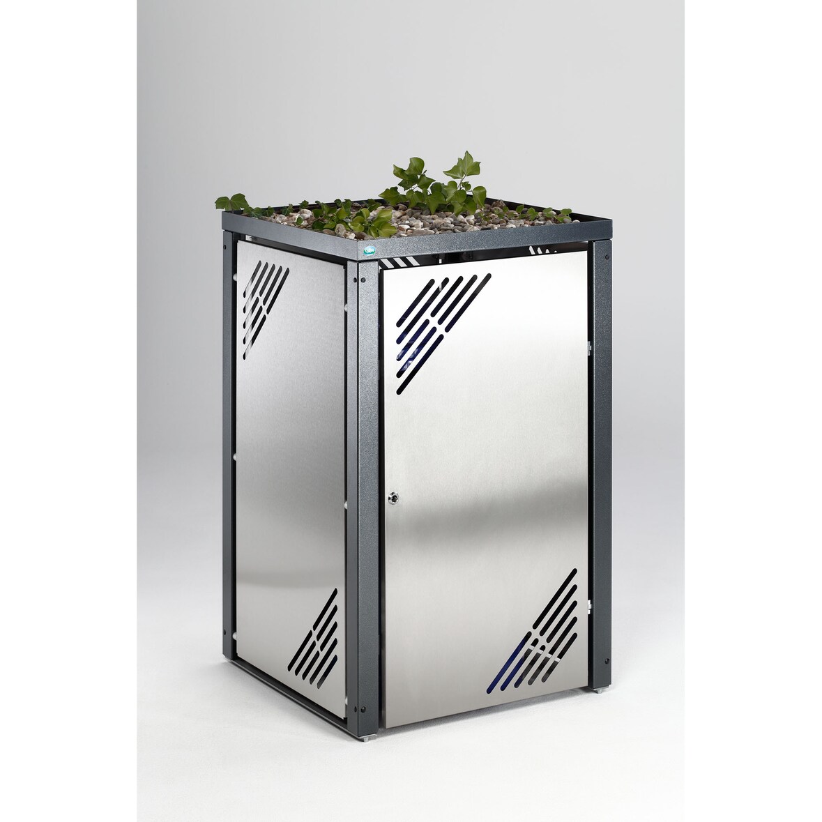 PROREGAL Robuster Mülltonnenschrank mit Pflanzendeckel | Gasdruckdämpfer | 127x77x81cm | Edelstahl | Grau | Mülltonnenverkleidung Mülltonnenschutz