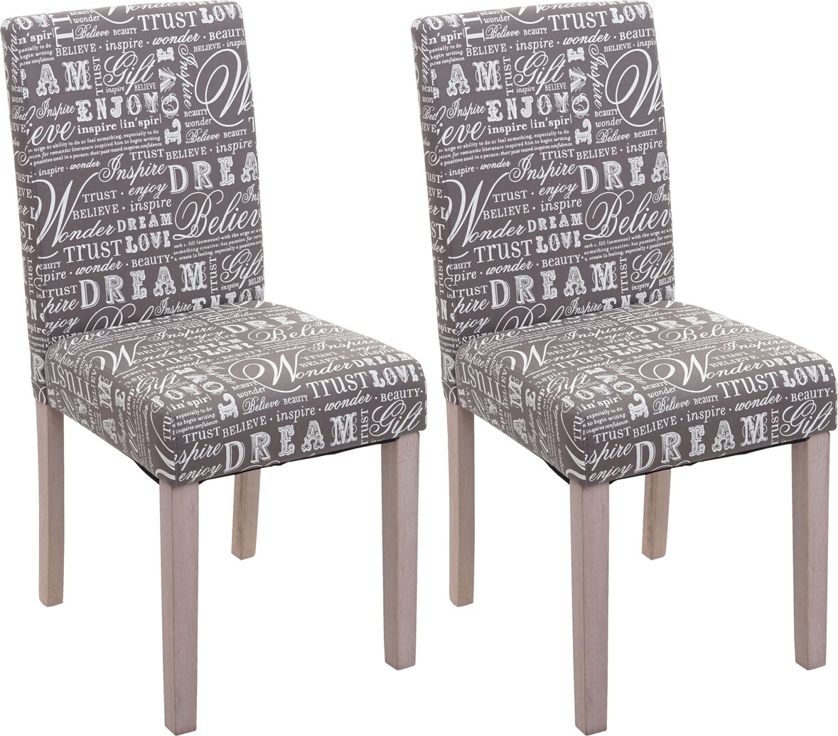 CHEFGASTRO 2er-Set Esszimmerstuhl klassisch und zeitlos HxBxT 90x43x56cm Sitzhöhe 45cm Küchenstuhl Textil mit Schriftzug Beine Struktur - Eiche Grau