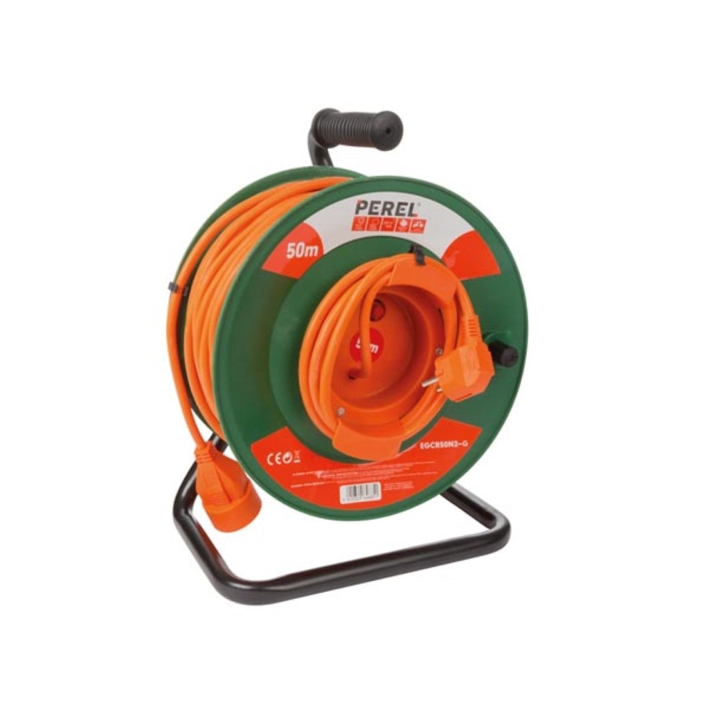Kabeltrommel, Innenbereich, Schutzkontakt-Stecker/-Kupplung, Überhitzungsschutz, Kabellänge 50 m, 3G1.5, Orange/Grün
