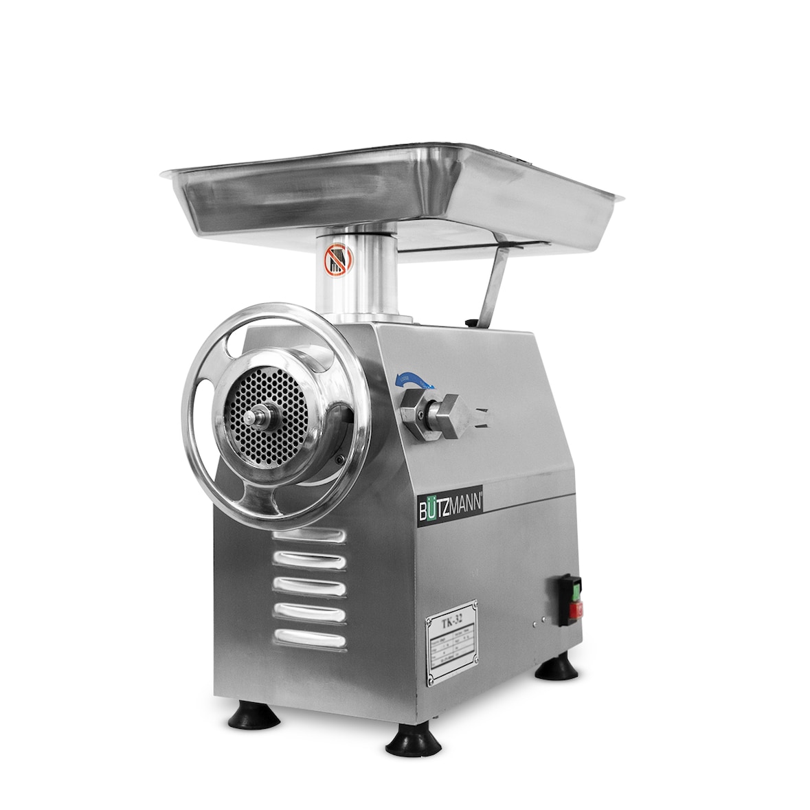 Picadora de carne profesional Bützmann BTK-32 de Boca 32. Producción de hasta 350 Kg/h. Con interruptor Marcha-Paro, el único válido para la CE.
