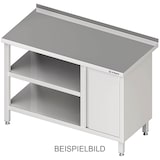 thumbnail of Stalgast Edelstahl Arbeitstisch mit Grund- und Zwischenboden, 2700x700x850 mm, mit Flügeltürschrank links, mit Aufkantung, verschweißt