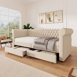 thumbnail of Schlafsofa Daybed 90x200 mit 2 Schubladen Stauraum, Leinenstoff Bezug, Armlehnen Rückenlehne, Tagesbett Gästebett Beige