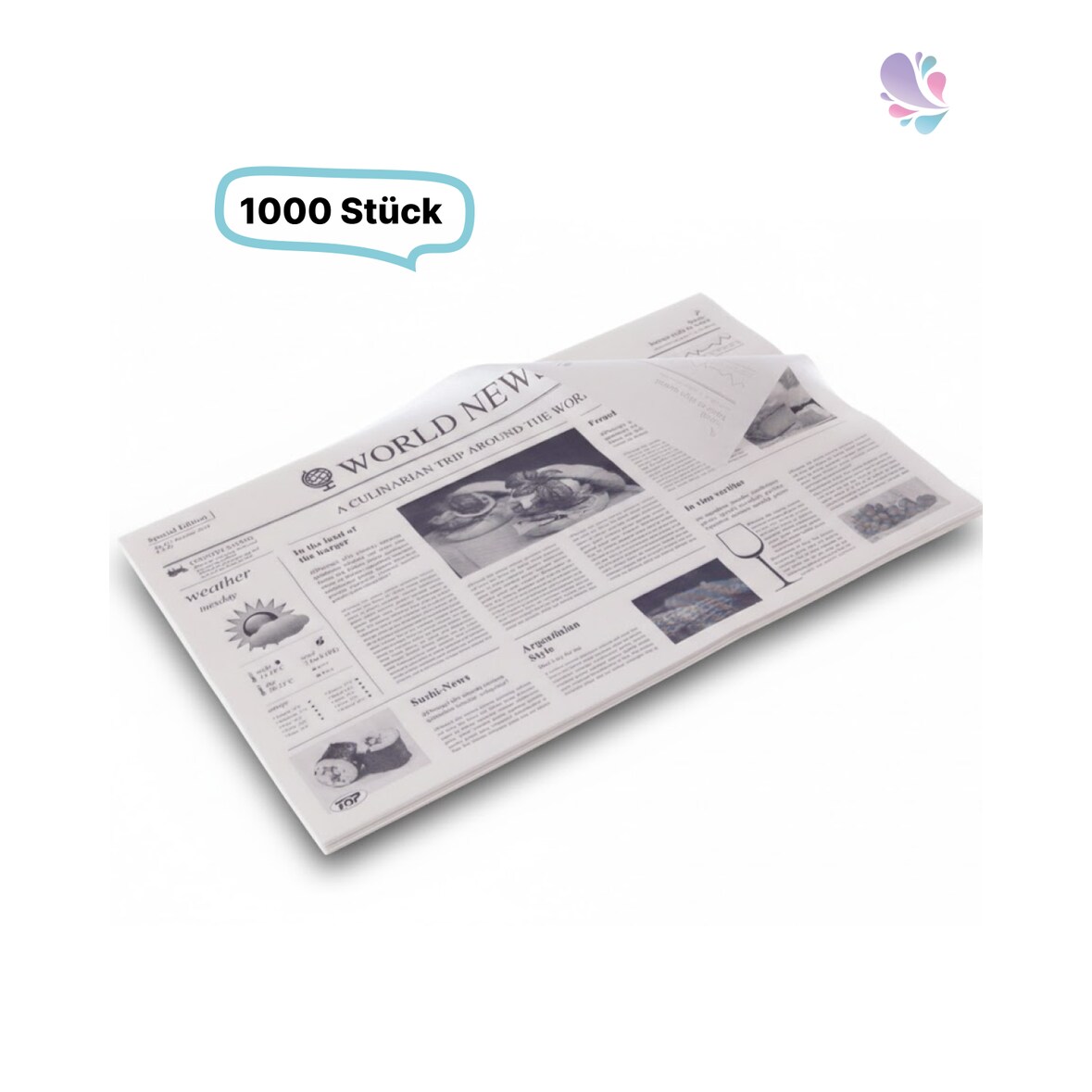 Einschlagpapier aus Pergament-Ersatzpapier im Newspaper-Design 1/4 Bogen 50 x 37,5 cm – fettresistent, nassfest, weiß oder braun: Farbe - Weiß