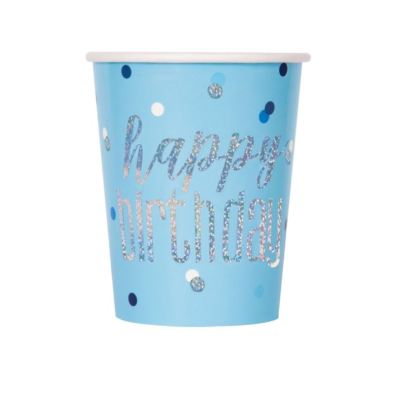 8 glitzer Becher blau & silber Happy Birthday