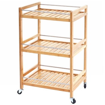 Carro HWC-D91, carro librería multiusos, 3 niveles bambú 76x46x38cm