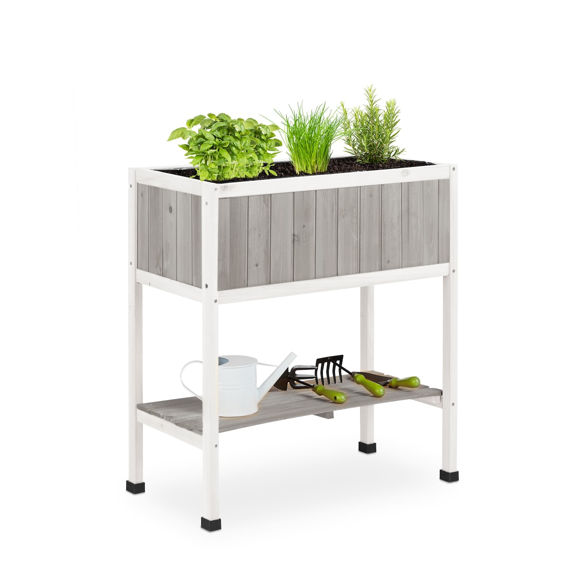 Relaxdays Hochbeet Holz, Pflanzbeet auf Stelzen, HBT: 80,5 x 74 x 38 cm, Garten, Balkon & Terrasse, mit Folie, grau-weiß