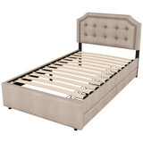 thumbnail of Polsterbett 90x200 mit Stauraum, Einzelbett mit zwei Schubladen, verstellbarer Nachttisch, gepolstertes Bettgestell Beige+Braun