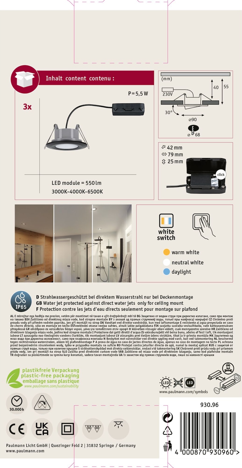Ein LED-Einbaustrahler mit Schalter und Farboptionen.