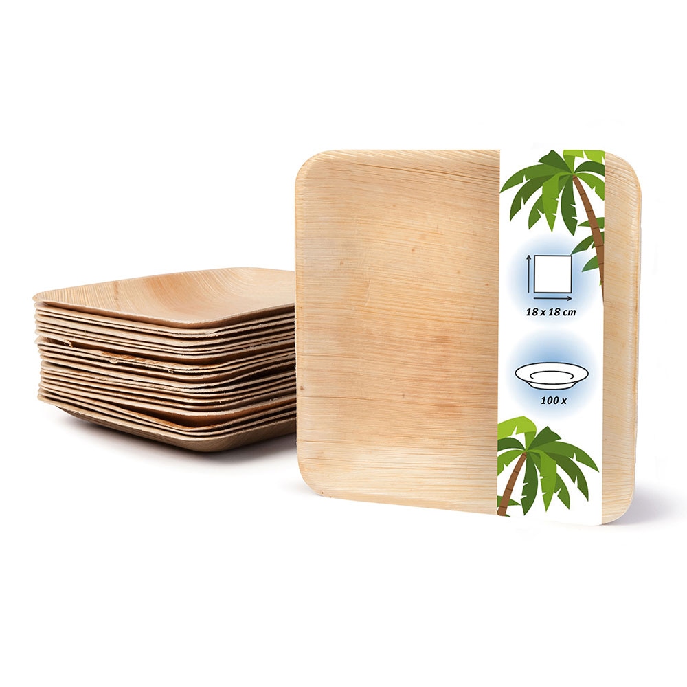 onlyleaf 100 Stück Einwegteller 18x18 cm Palmblatt-Teller, quadratisch, biologisch abbaubar, umweltfreundlich, kompostierbar, Wegwerfteller