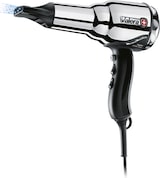 Ein glänzender Haartrockner mit schwarzem Griff.