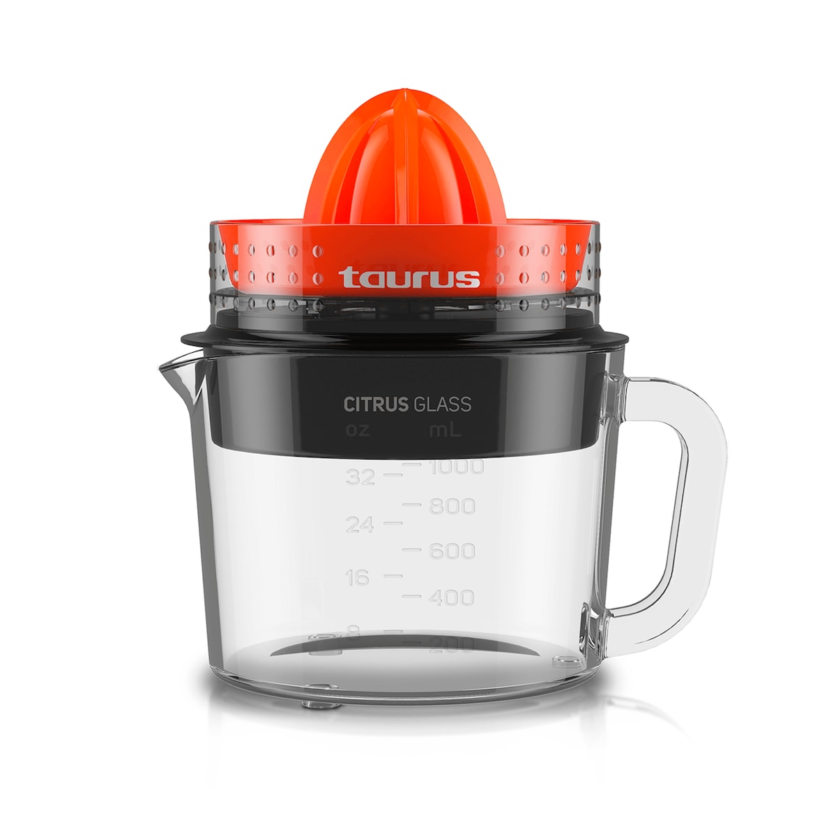 Taurus Taurus Citrus Glass 30W elektrische Saftpresse mit 1L Behälter, 2 Konen, Filter zur Regulierung des Fruchtfleischs, 2 Konen