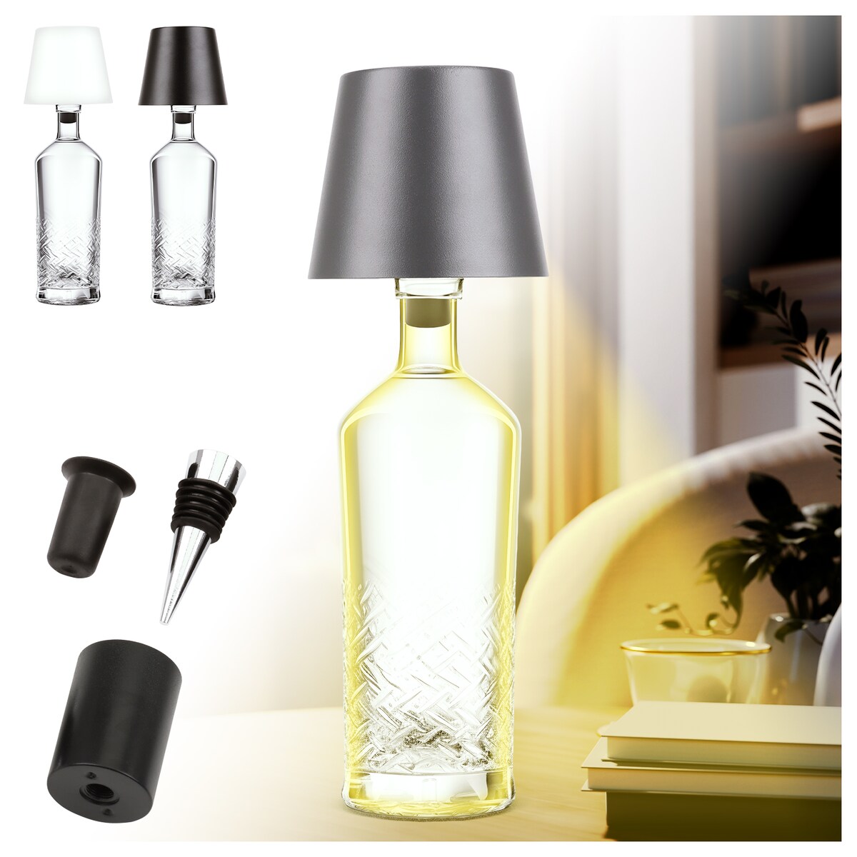 LED Flaschenlampe Bottle Light V2442 – Dimmbare Deko-Leuchte mit 3 Lichtfarben und TOUCH-Funktion für Innen & Außen grau