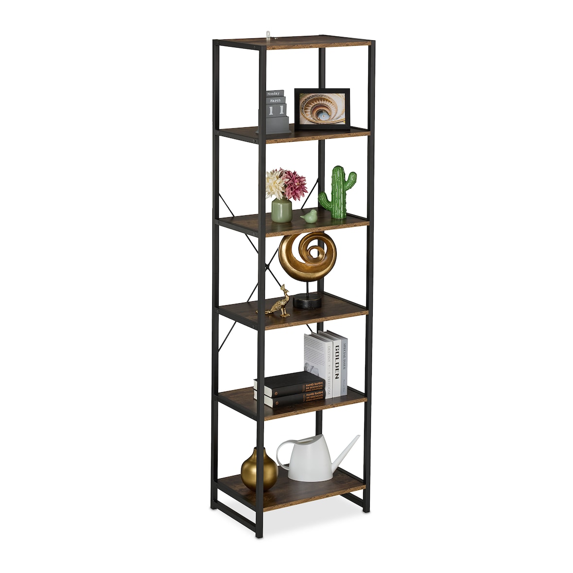 Relaxdays Standregal, HBT: 180 x 50 x 35 cm, 6 offene Ablagen, Beistellregal für Wohnzimmer, Küche, Flur, schwarz/braun