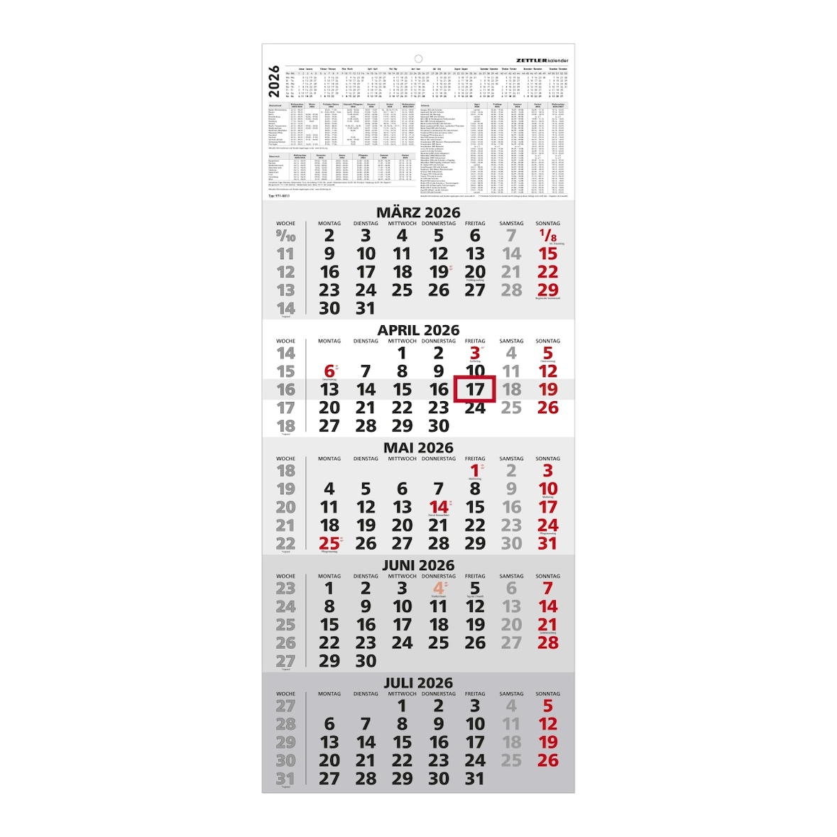 Fünfmonatskalender 971 30x71,8cm 2026