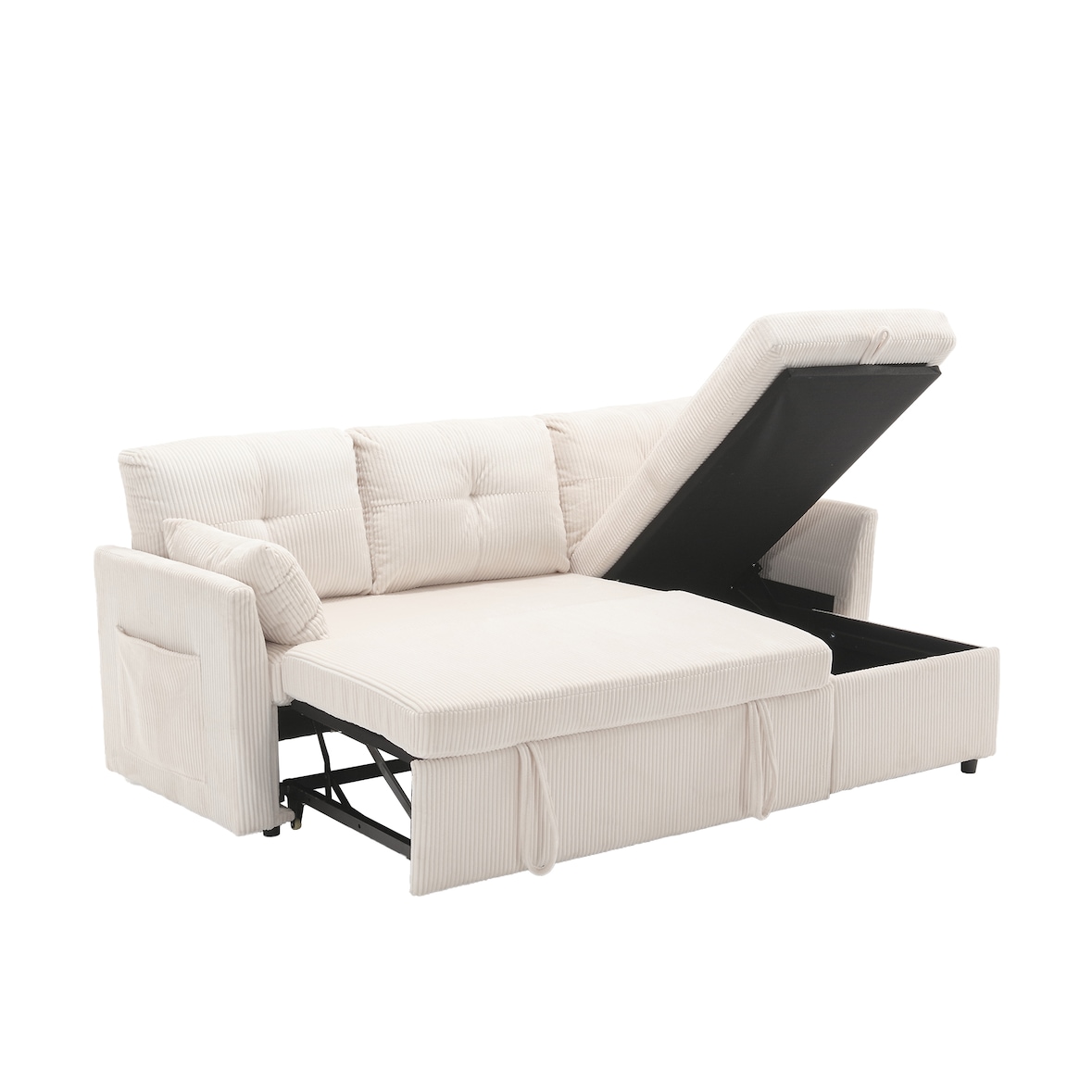 Modulares Schlafsofa mit Stauraum, wechselbarer Chaiselongue, Fleecebezug, umwandelbar zum Sofa-Bett, ideal für 100x200 cm, Beige