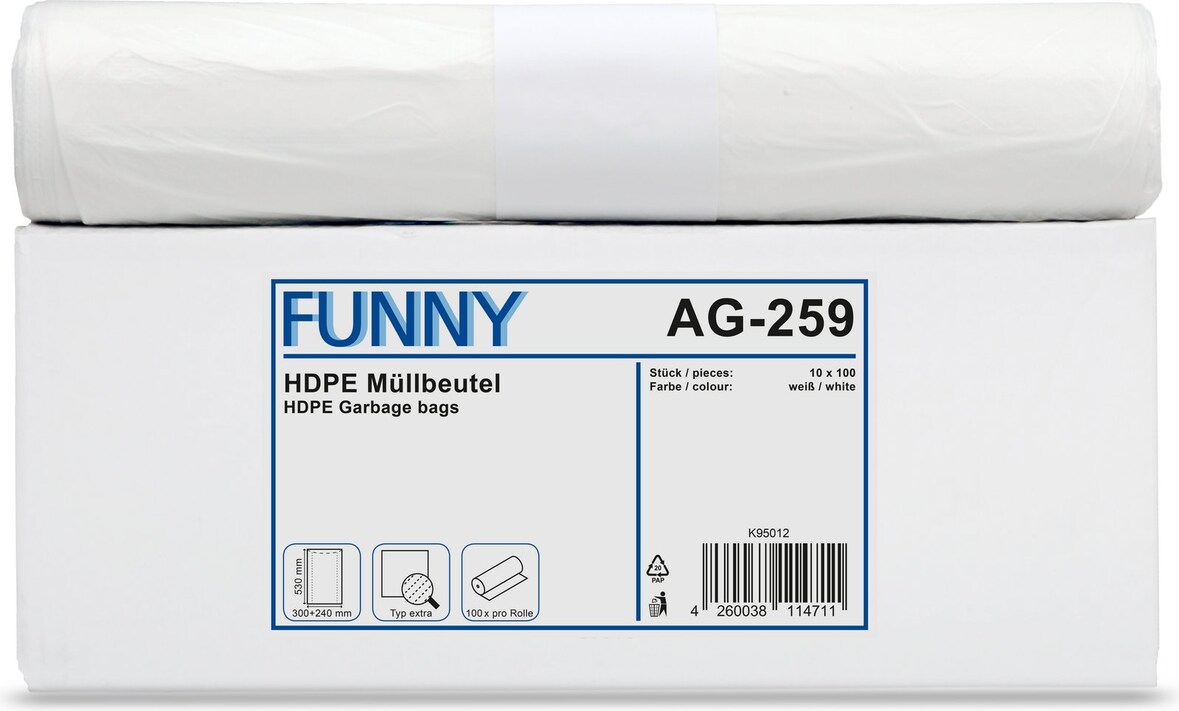 Funny Müllbeutel, weiß, 18 Liter, 1.000 Stück, "extra" (10 Rollen á 100  Stück)