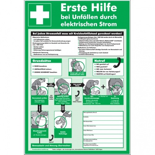 Dreifke® Aushang EH bei Unfällen durch elektrischen Strom, Recycling-Verbundplatte, 395x575mm