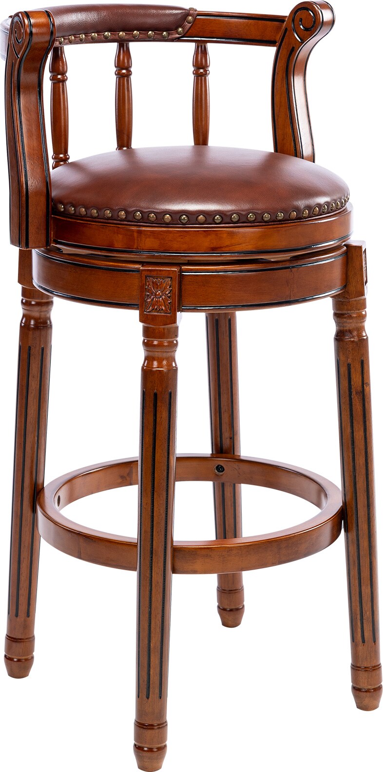 Barhocker mit Rückenlehne 96x55x55 cm Braun 360 Grad drehbar Echtleder Sitz Holzgestell mit komfortabler Polsterung für Küche Theke Bar