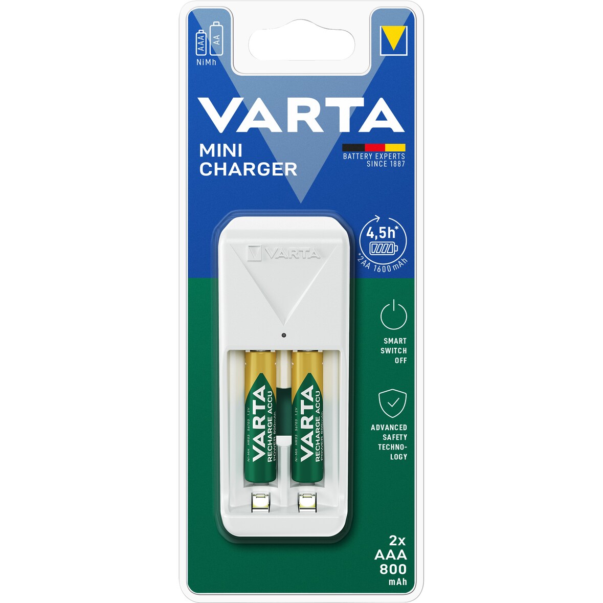 Varta Akku NiMH, Universal Ladegerät, Mini Charger inkl. Akkus, 2x Micro, AAA, 800mAh, Retail