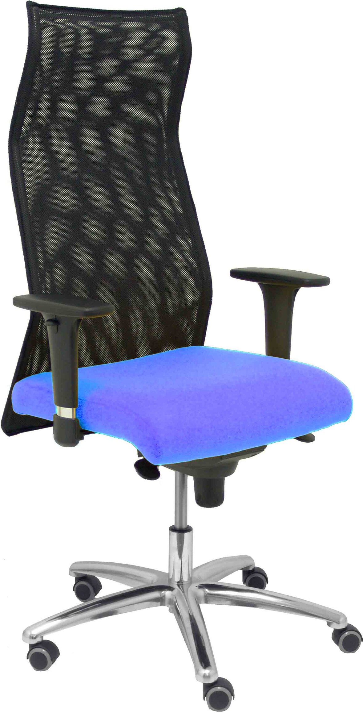 Cadeirão Sahúco XL Executive Assento estofado em tecido BALI azul claro (COM ESPUMA VISCOELÁSTICA) e encosto em rede respirável.