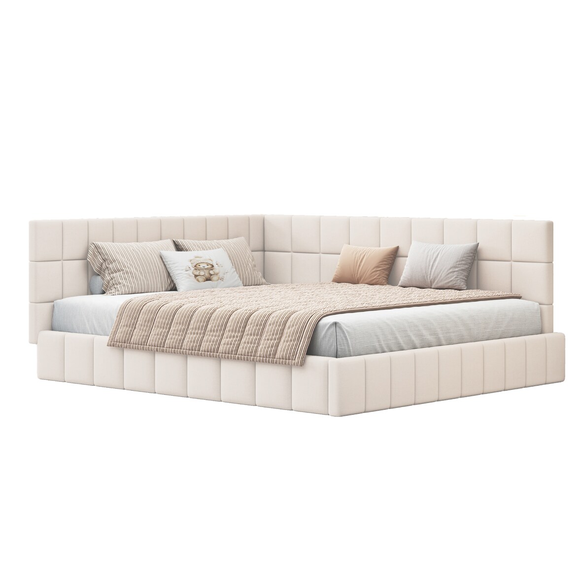 Polsterbett 160x200 cm aus Samt – Multifunktionales Bett mit stabilem Lattenrost und verstellbarer Rückenlehne, klassisches Design in Beige
