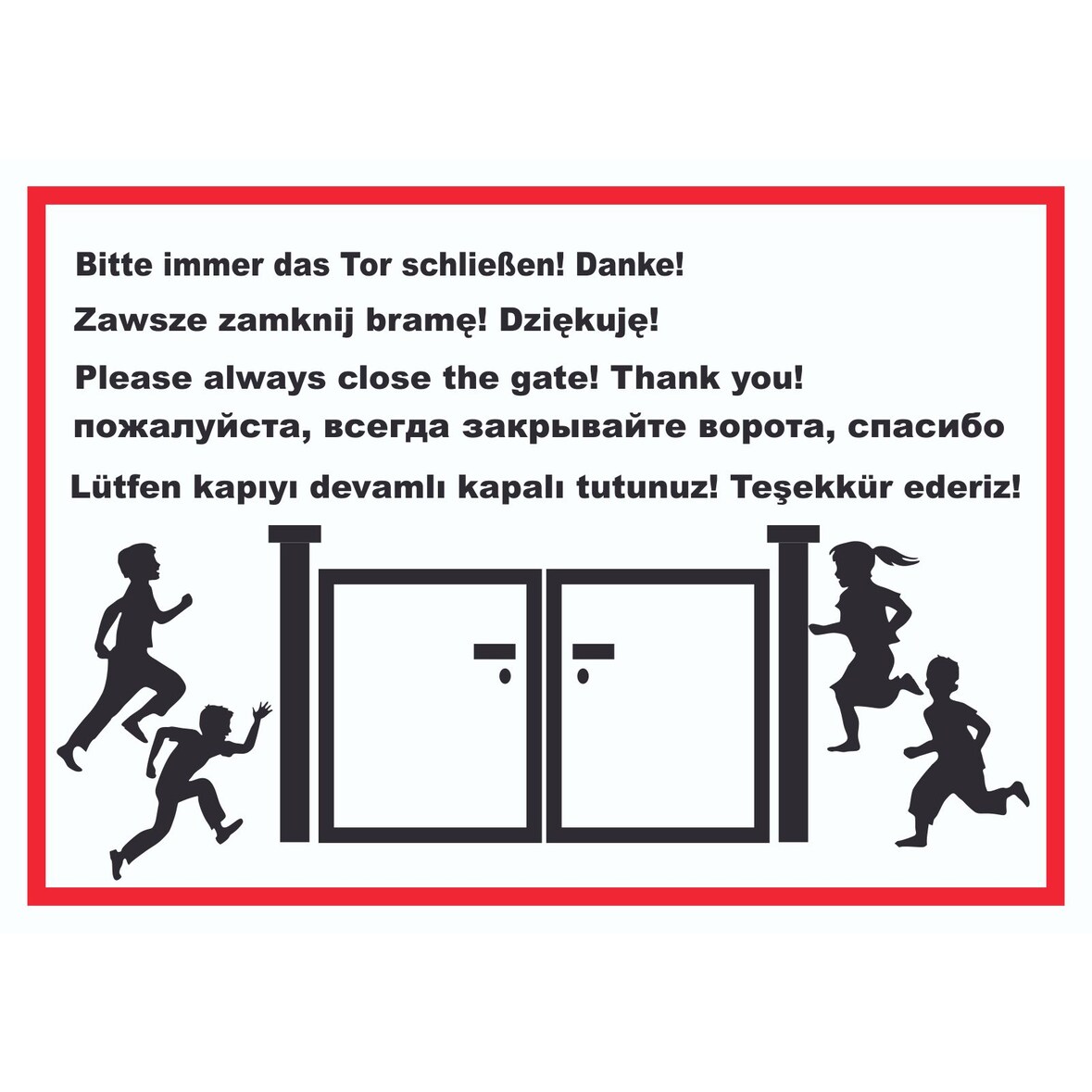 Tor schließen Kindergarten mehrsprachig Schild A4 Rückseite selbstklebend