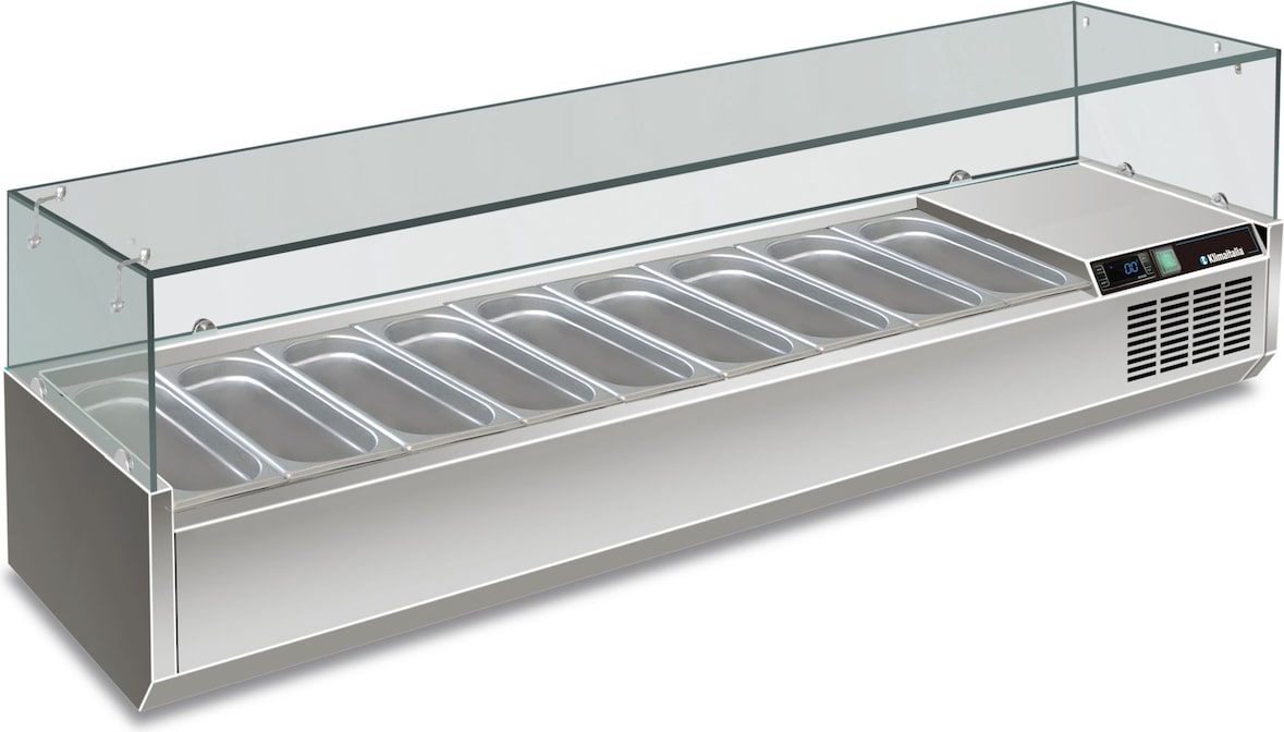 Edelstahl-Kühlvitrine für 9 GN1/3. Temperatur +2°C/+8°C. Elektronischer Thermostat. Abmessungen BxTxH 200x39,5x43,5 cm. RWX2002