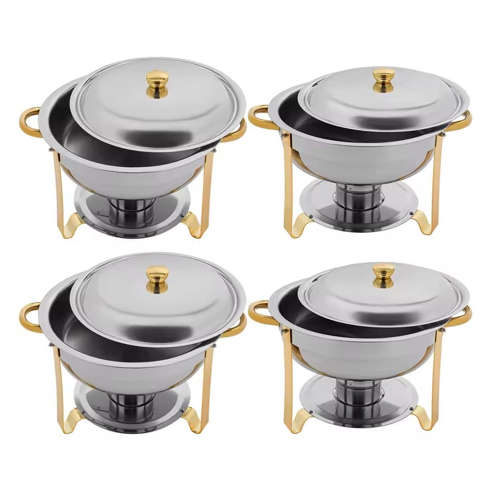 Conjunto 4 Rechauds / Aquecedores de alimentos para buffet redondos 4.5L em aço inoxidável dourados