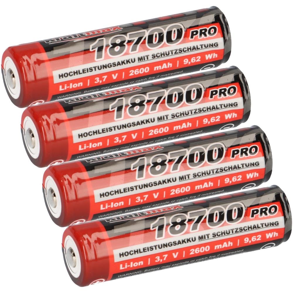 4x Kraftmax 18650 18700 Pro Akku mit PCB Schutzschaltung - speziell für LED Taschenlampen 3,7V 9,62 Wh