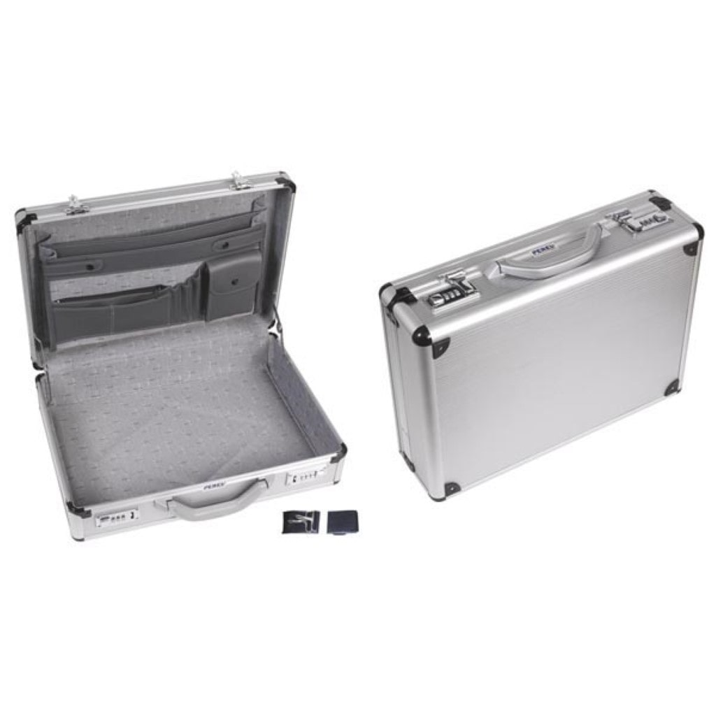 Attachékoffer für Laptop und A4-Dokumente, 2 Zahlenschlösser, Schulterriemen, verstärkte Ecken, robustes Aluminium, grau, 460 x 335 x 110 mm.