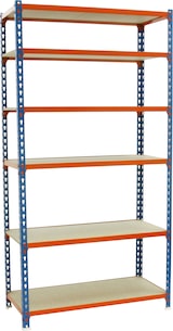 thumbnail of SimonRack Estantería Metálica, 2500x900x500 mm, 6 Alturas, Bandeja Madera, 150 kg de Punto Flexión, Azul/Naranja/Madera - Maderclick