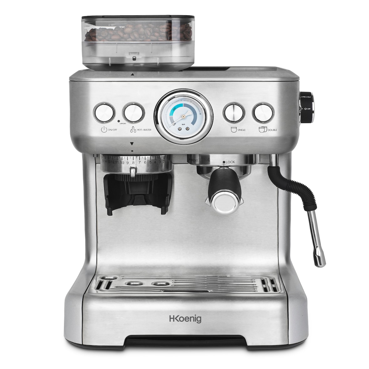 H.KOENIG Cafetera para espresso EXPRO980 con molinillo integrado, 20 Bares, 1620 W, Plata